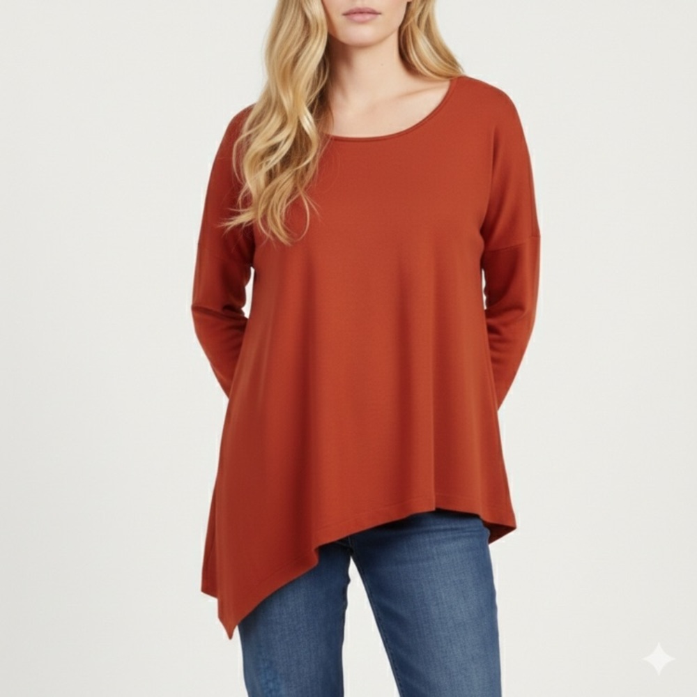COS 100% Wool Orangey-Red Asymmetrical Hem Sweater Size Small New